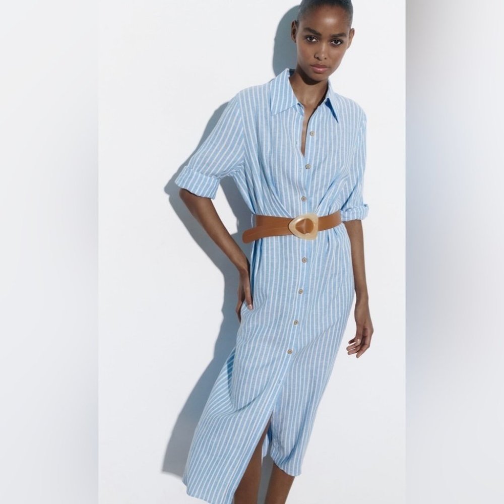 Zara Blue Stripe Linen Blend  Button Up Shirt Dress | size XS - Picture 2 of 13